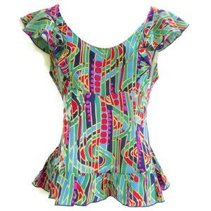 SiLK Vintage Marc Jacobs Babydoll Top Ruffle Peplum Multi Colorful Geometric S